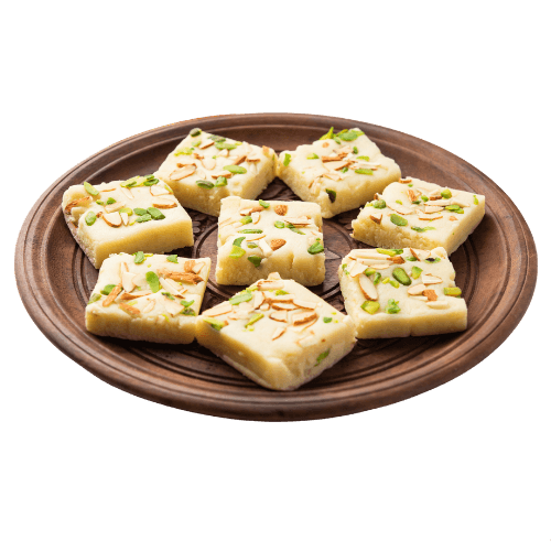 Barfi - Latte fresco, zucchero, pistacchi, mandorle, burro, latte in polvere